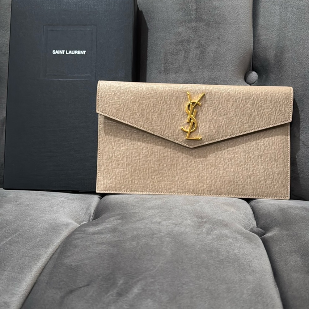 Saint Laurent Dark Beige Clutch with Gold Emblem